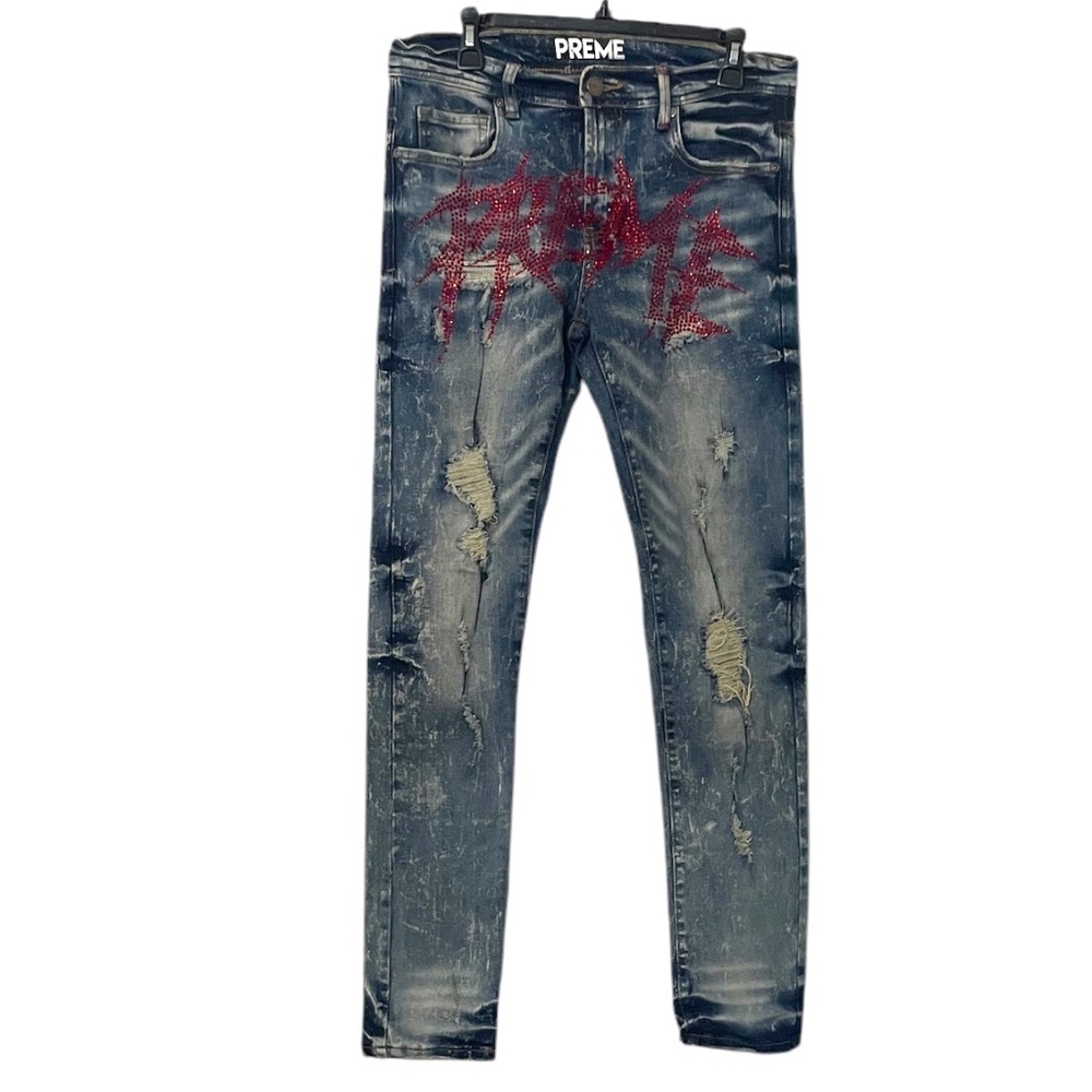 NWOT Preme Indigo Moto Skinny Stretch Denim‎ Men's Embellished Jeans, SIZE 32X32